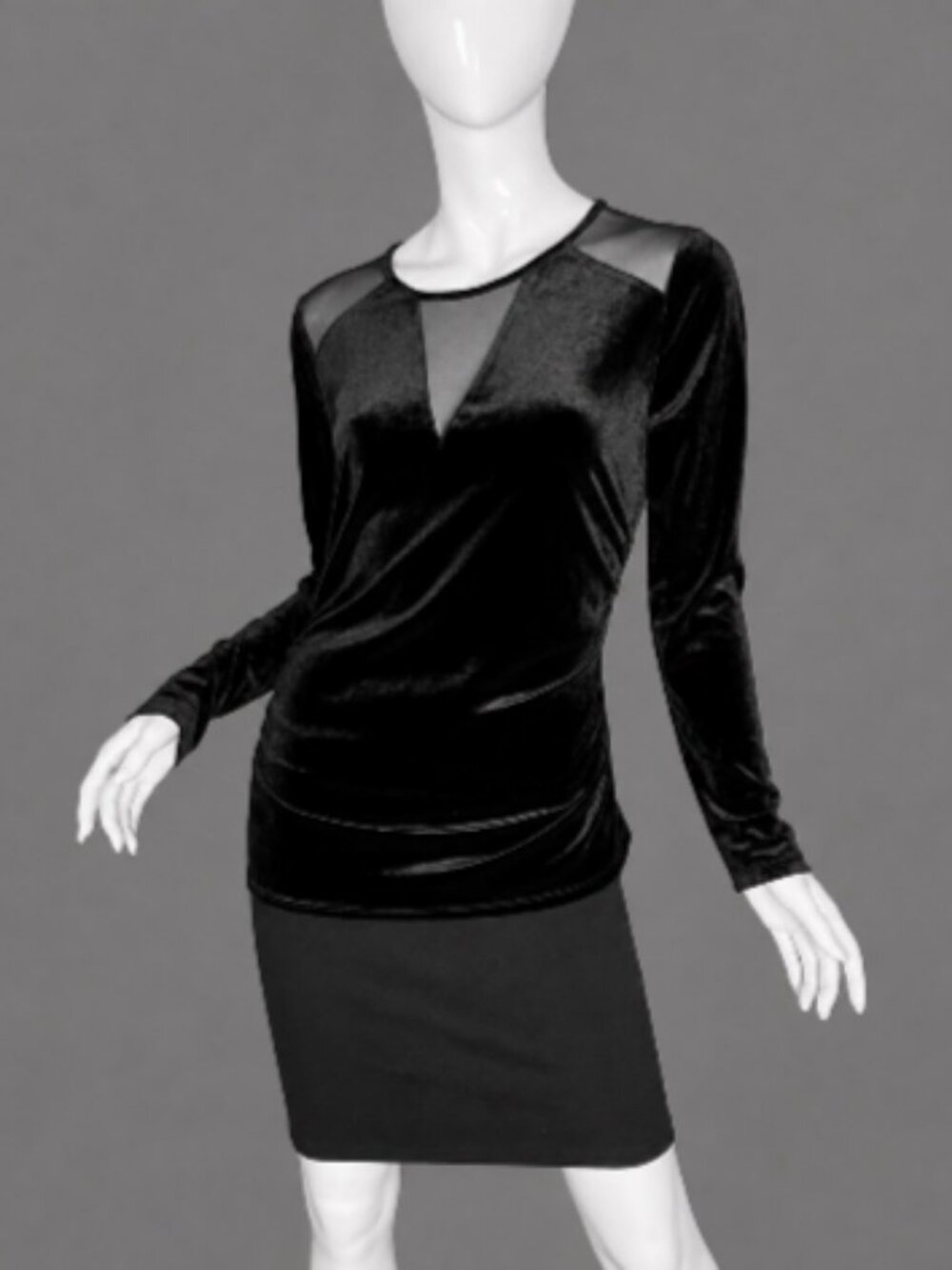 DKNY Size S Women’s Elegant Black Velvet and Mesh Insert Long Sleeve Top